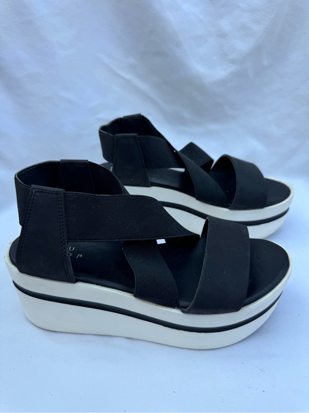 ShuShop Black Elastic Strap Platform Wedges with White Sole